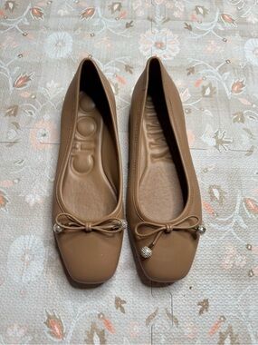 Jimmy Choo Tan Leather Ballet Flats with Bow and Crystal Detail